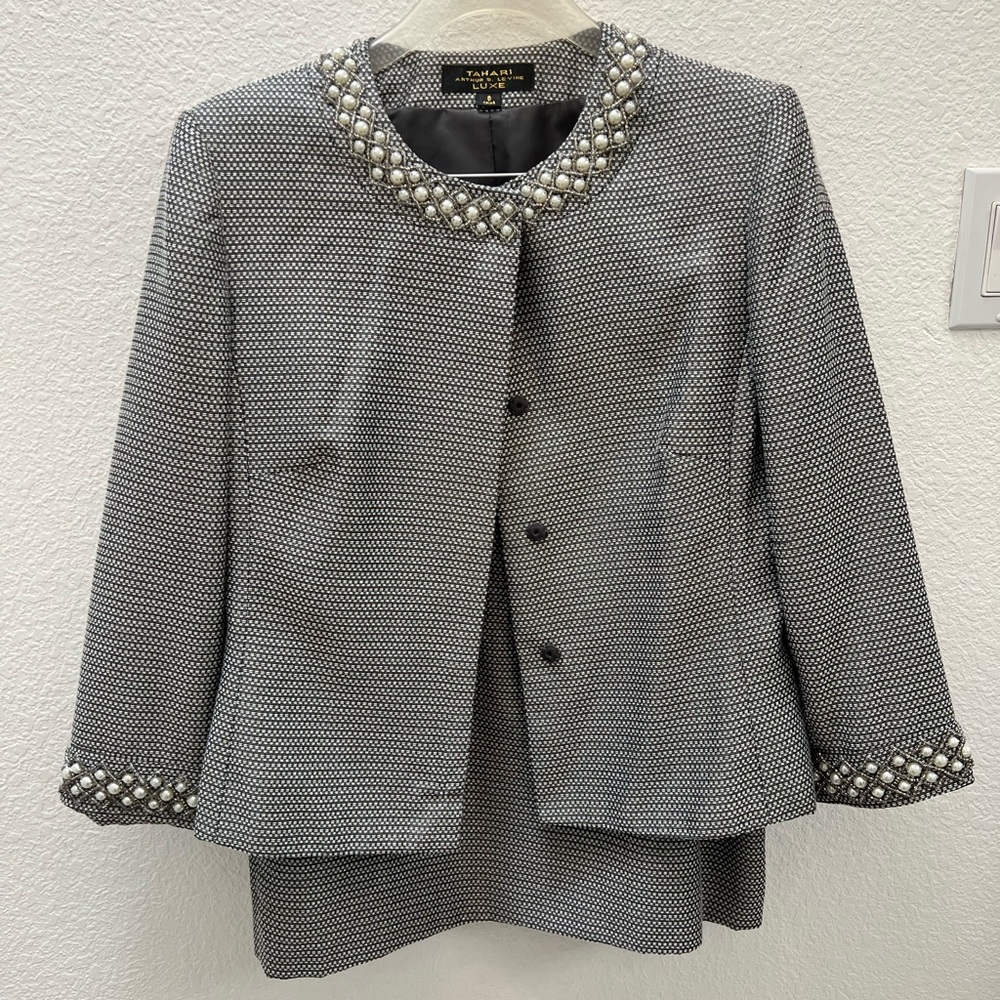 Tahari by ASL Luxe Beaded Blazer Jacket and Skirt Woven Metallic Gray White sz 8